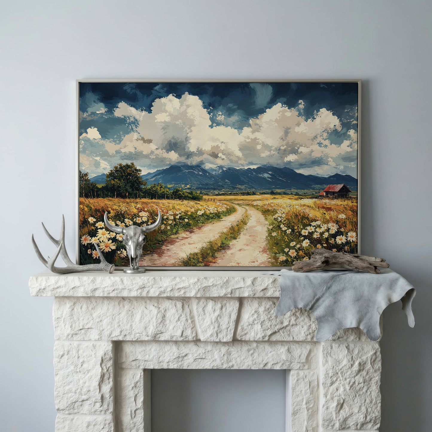 Country Road Through Wildflowers with Barn and Mountain View canvas in silver floating frame