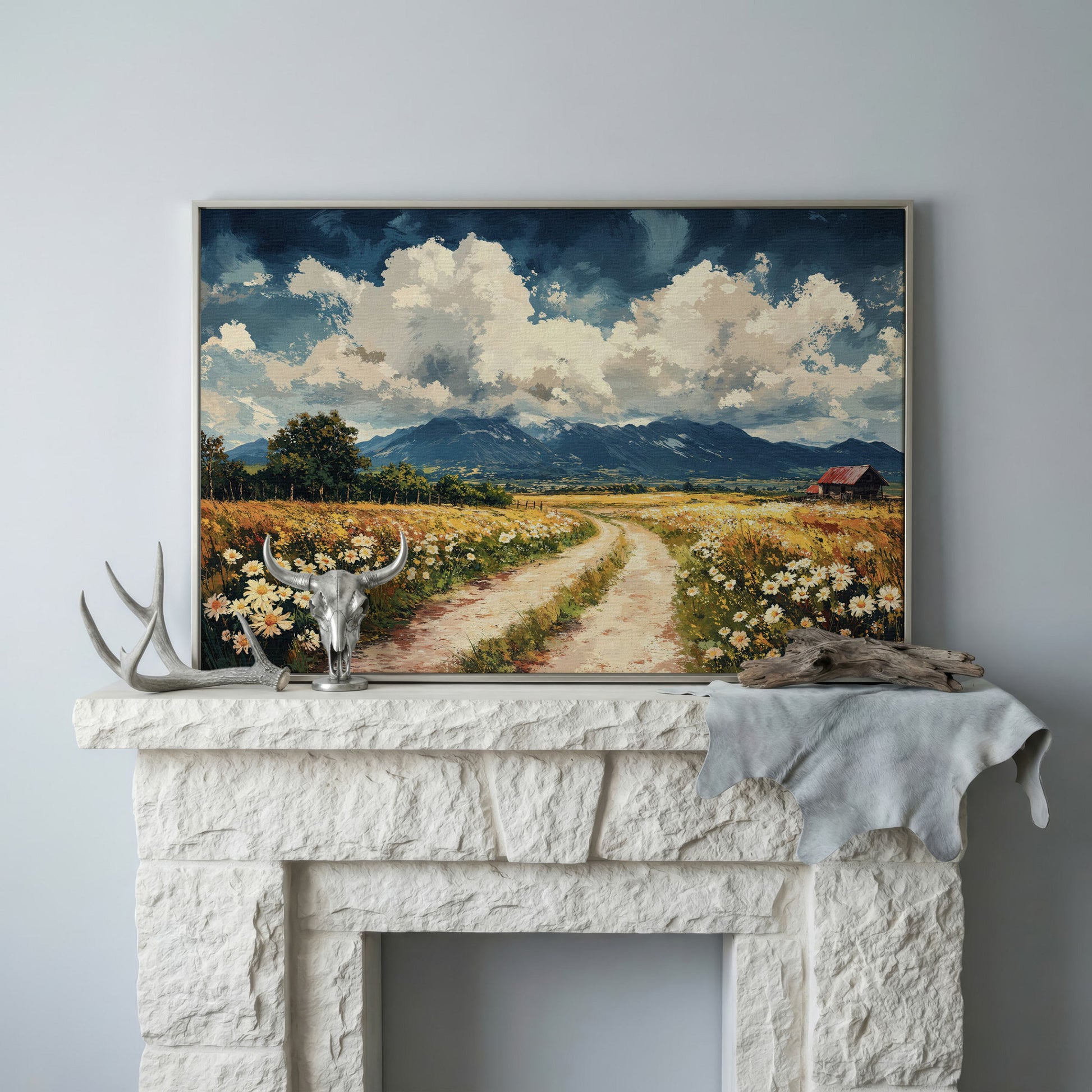 Country Road Through Wildflowers with Barn and Mountain View canvas in silver floating frame