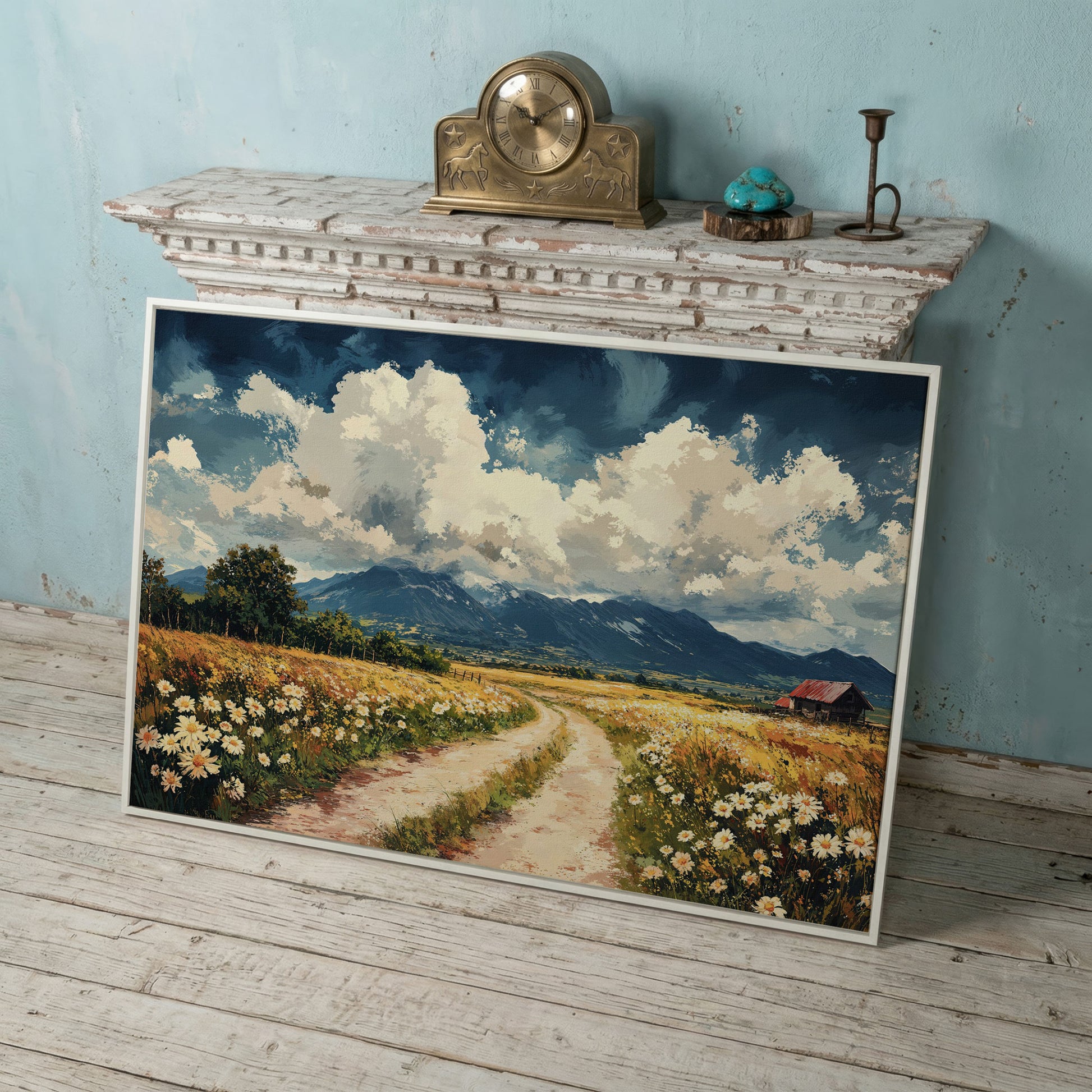 Country Road Through Wildflowers with Barn and Mountain View canvas in white floating frame