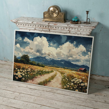 Country Road Through Wildflowers with Barn and Mountain View canvas in white floating frame