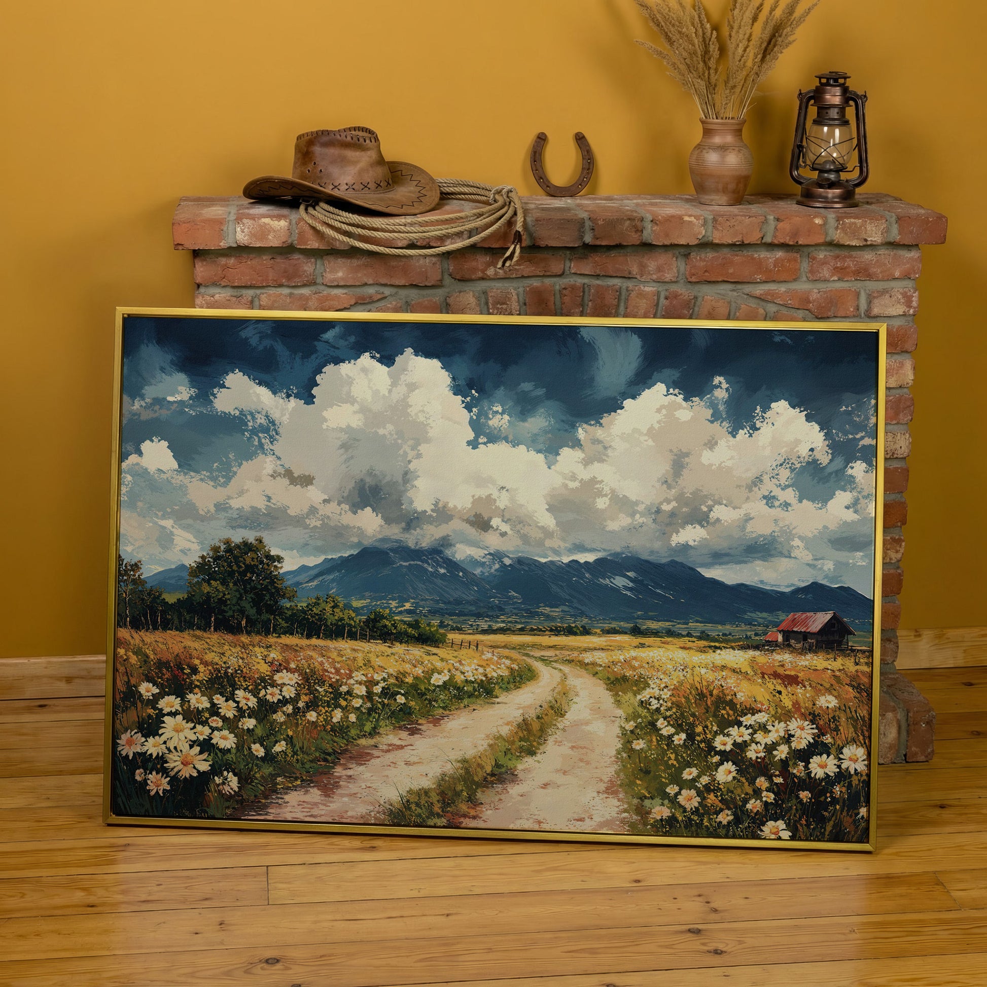 Country Road Through Wildflowers with Barn and Mountain View canvas in yellow gold floating frame
