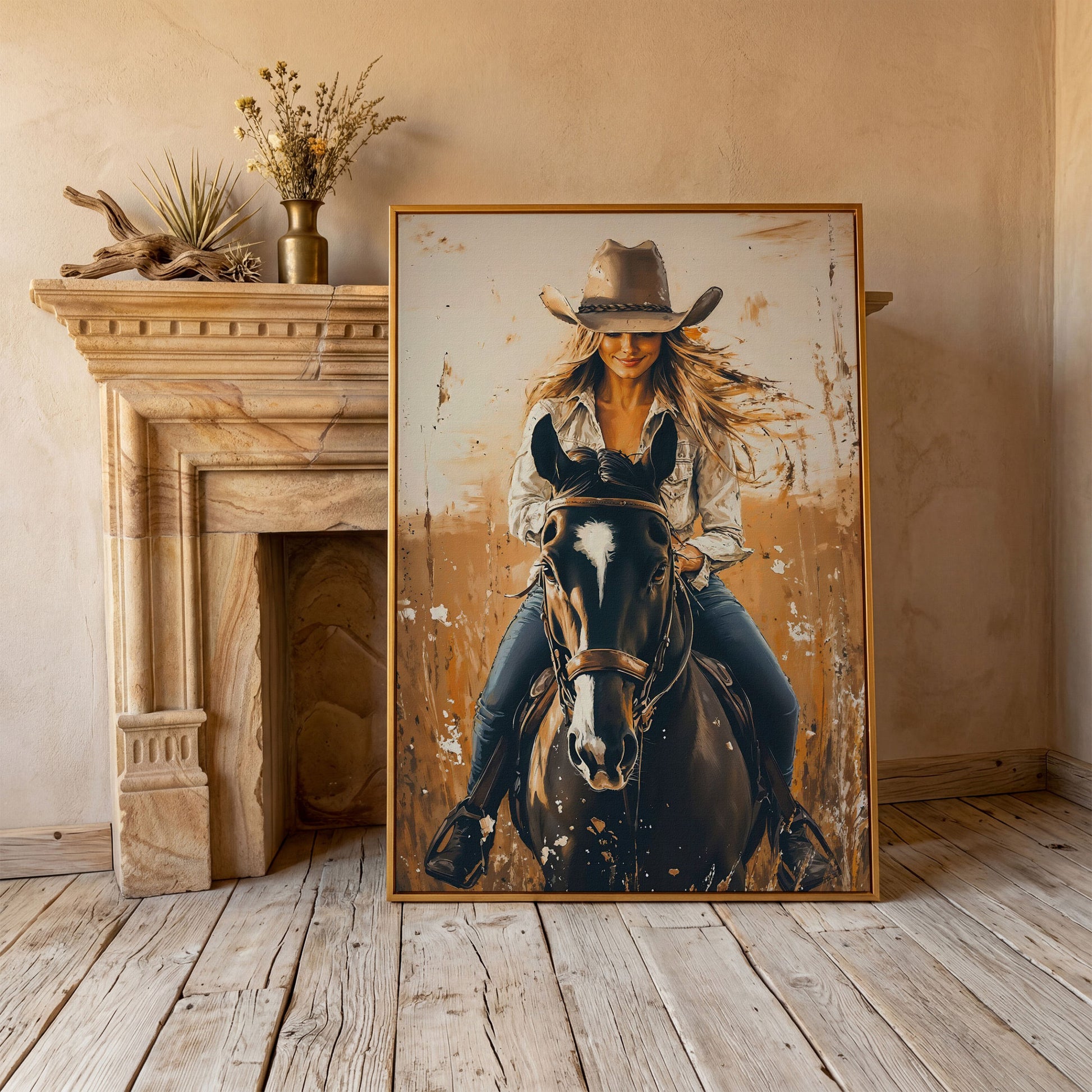 Cowgirl on Horseback Canvas Wall Art, Western Equestrian Portrait in antique gold floating frame