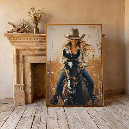 Cowgirl on Horseback Canvas Wall Art, Western Equestrian Portrait in antique gold floating frame