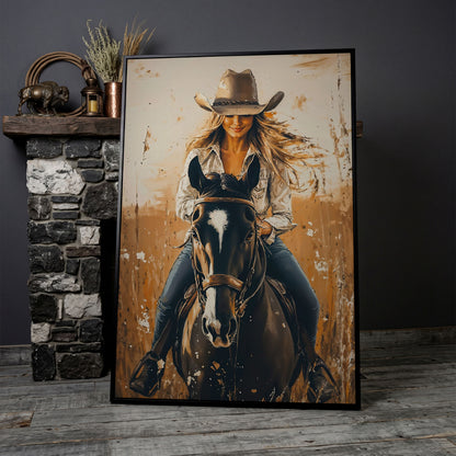 Cowgirl on Horseback Canvas Wall Art, Western Equestrian Portrait in black floating frame