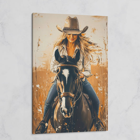 Cowgirl on Horseback Canvas Wall Art, Western Equestrian Portrait on gallery wrap