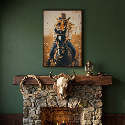 Cowgirl on Horseback Canvas Wall Art, Western Equestrian Portrait in dark walnut floating frame