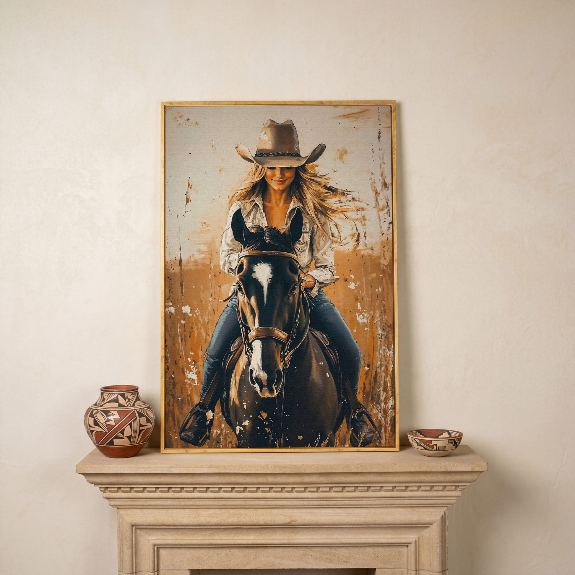 Cowgirl on Horseback Canvas Wall Art, Western Equestrian Portrait in white oak floating frame