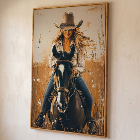 Cowgirl on Horseback Canvas Wall Art, Western Equestrian Portrait shown in white oak floating frame