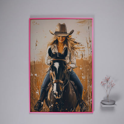 Cowgirl on Horseback Canvas Wall Art, Western Equestrian Portrait in pink floating frame