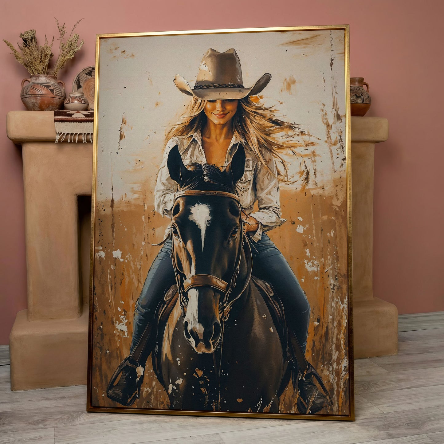 Cowgirl on Horseback Canvas Wall Art, Western Equestrian Portrait in rose gold floating frame
