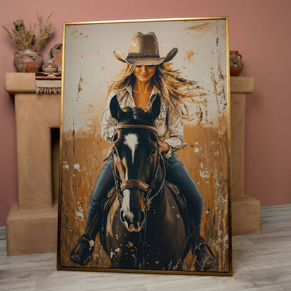 Cowgirl on Horseback Canvas Wall Art, Western Equestrian Portrait in rose gold floating frame