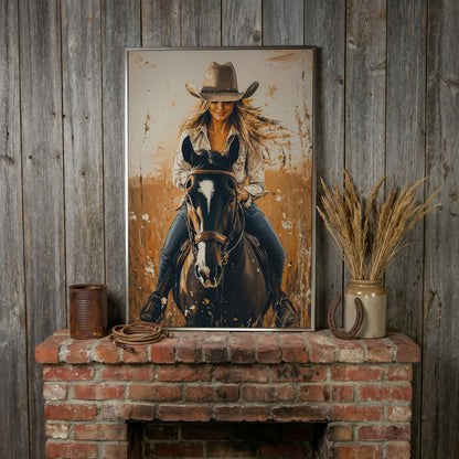 Cowgirl on Horseback Canvas Wall Art, Western Equestrian Portrait in silver floating frame