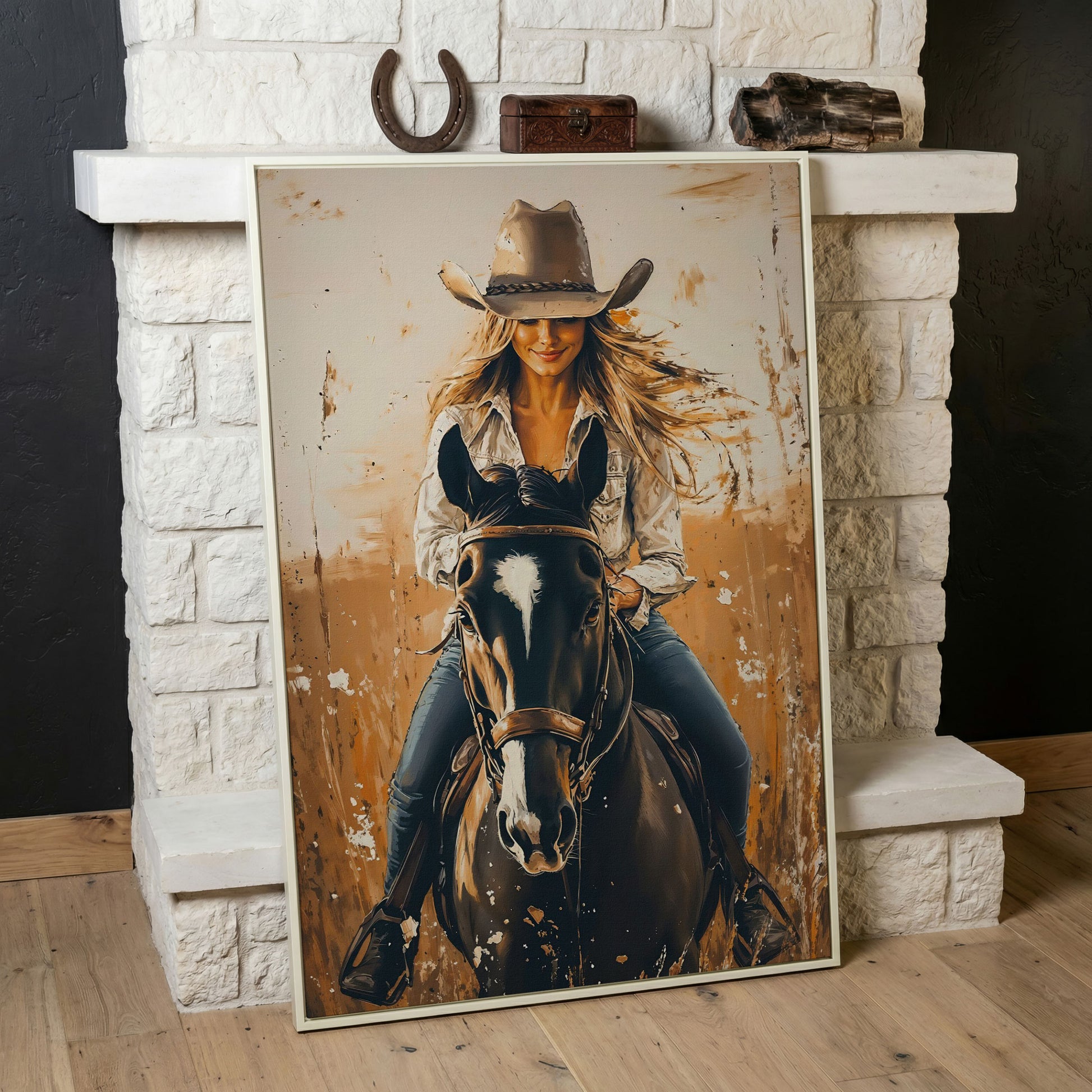 Cowgirl on Horseback Canvas Wall Art, Western Equestrian Portrait in white floating frame