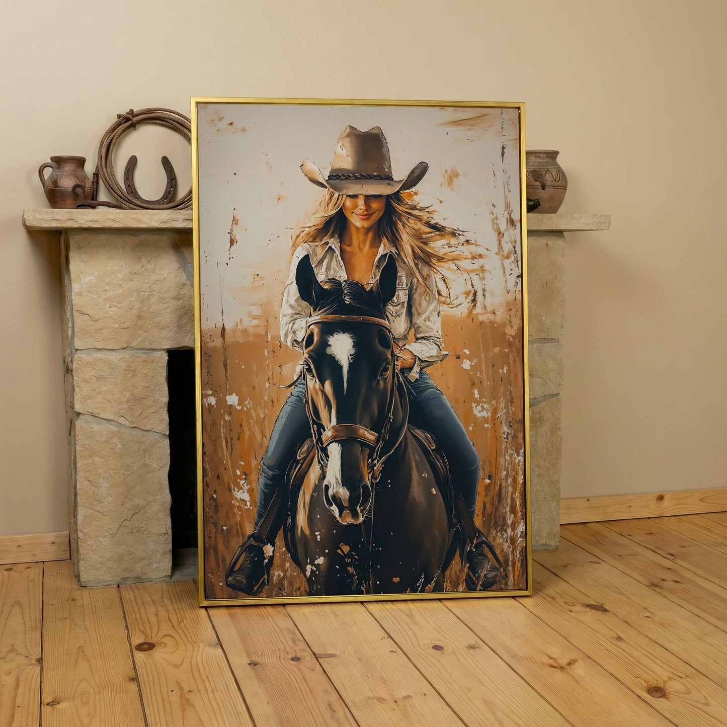 Cowgirl on Horseback Canvas Wall Art, Western Equestrian Portrait in yellow gold floating frame