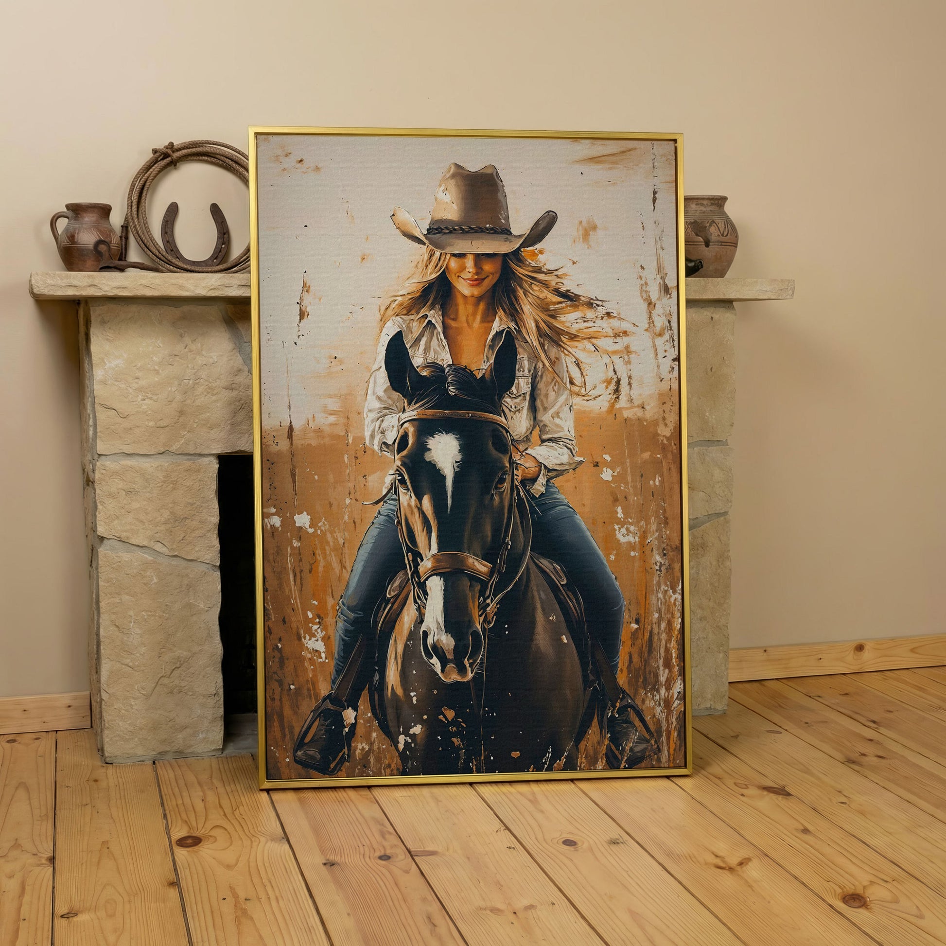 Cowgirl on Horseback Canvas Wall Art, Western Equestrian Portrait in yellow gold floating frame