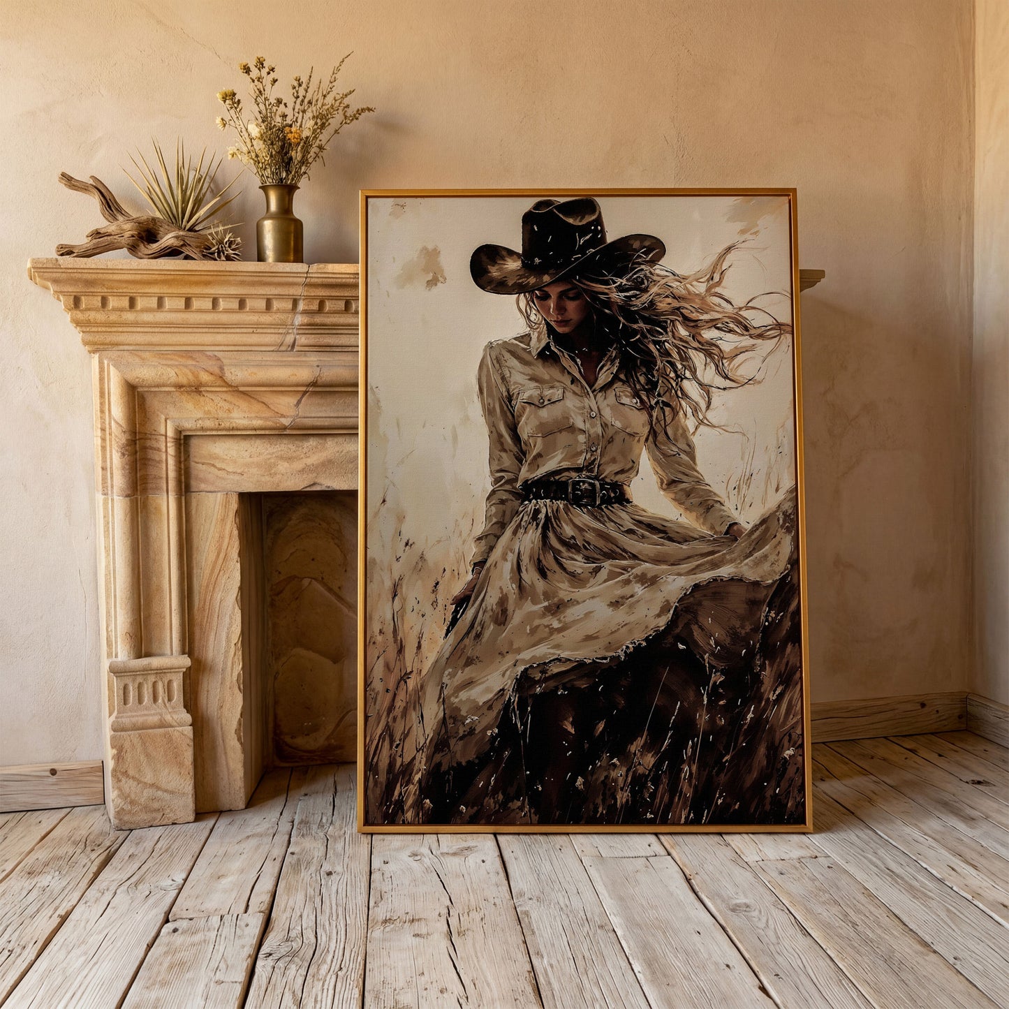 Cowgirl in a Field Canvas Wall Art. Western Portrait in antique gold floating frame