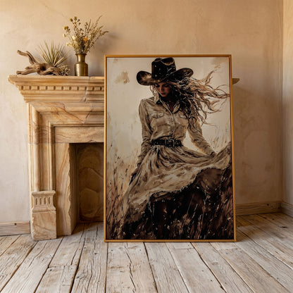 Cowgirl in a Field Canvas Wall Art. Western Portrait in antique gold floating frame