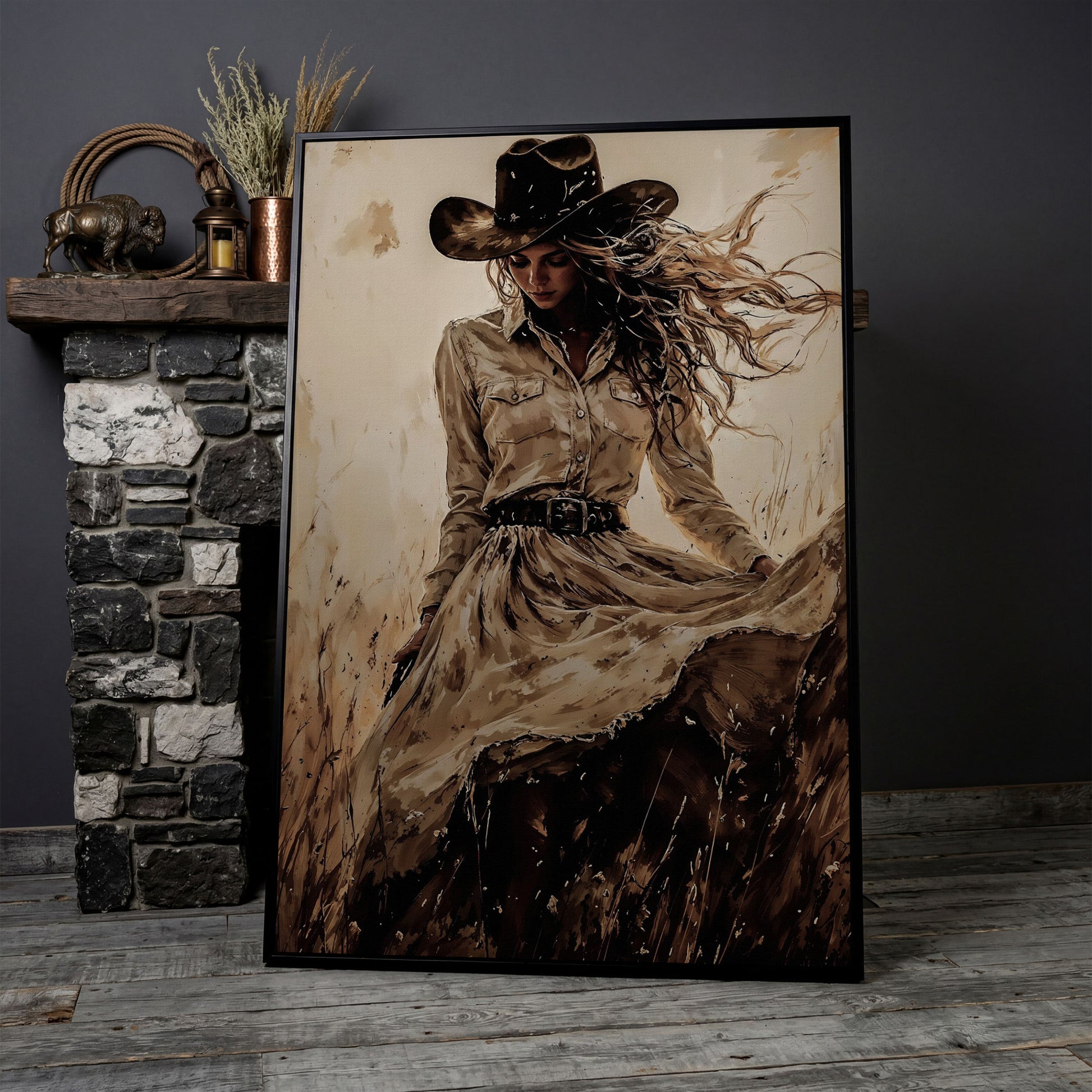 Cowgirl in a Field Canvas Wall Art. Western Portrait in black floating frame