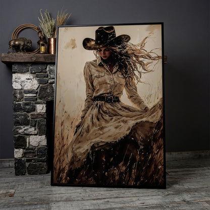 Cowgirl in a Field Canvas Wall Art. Western Portrait in black floating frame