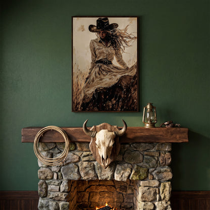 Cowgirl in a Field Canvas Wall Art. Western Portrait in dark walnut floating frame