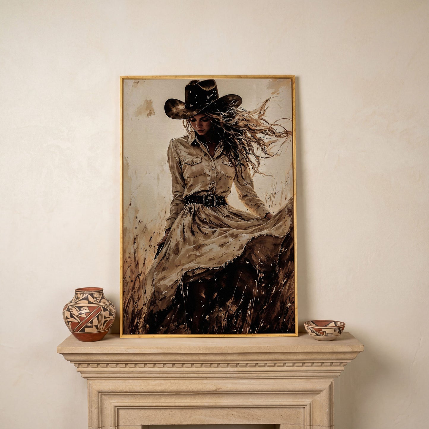 Cowgirl in a Field Canvas Wall Art. Western Portrait in white oak floating frame