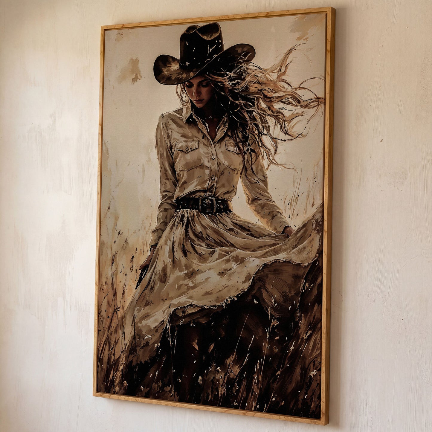 Cowgirl in a Field Canvas Wall Art. Western Portrait shown in white oak floating frame