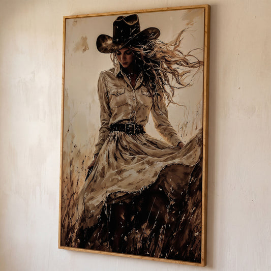 Cowgirl in a Field Canvas Wall Art. Western Portrait shown in white oak floating frame