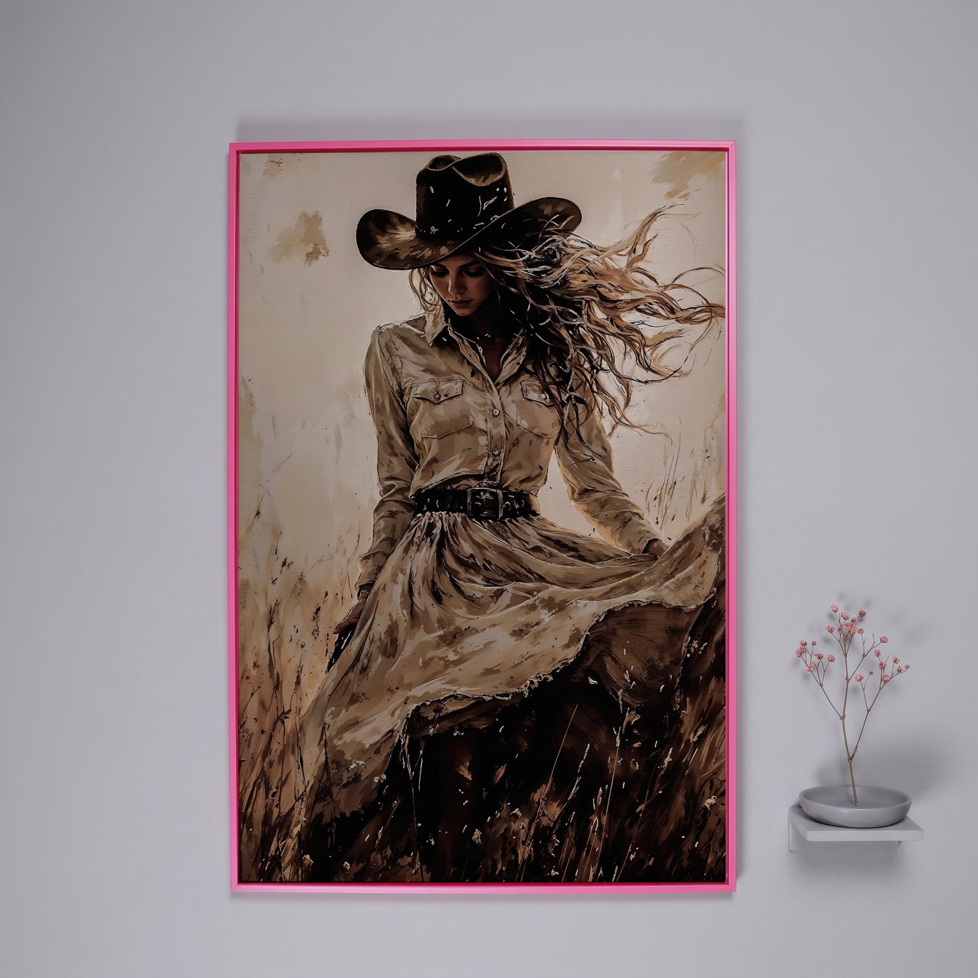 Cowgirl in a Field Canvas Wall Art. Western Portrait in pink floating frame