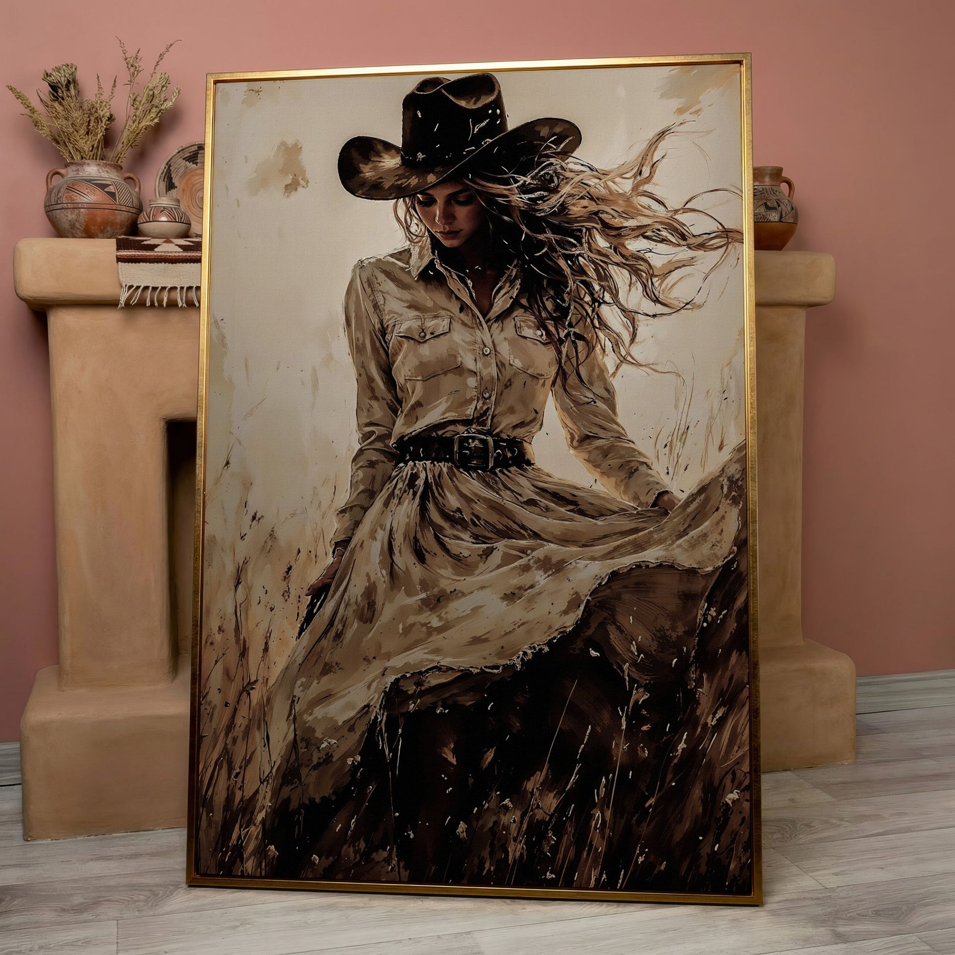 Cowgirl in a Field Canvas Wall Art. Western Portrait in rose gold floating frame