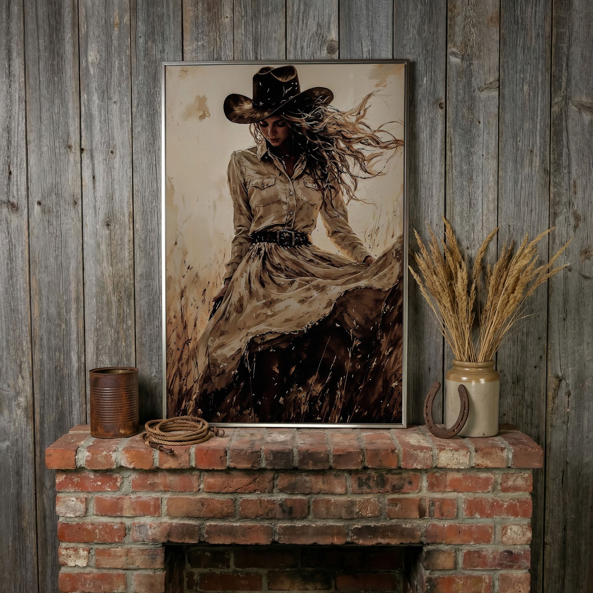 Cowgirl in a Field Canvas Wall Art. Western Portrait in silver floating frame