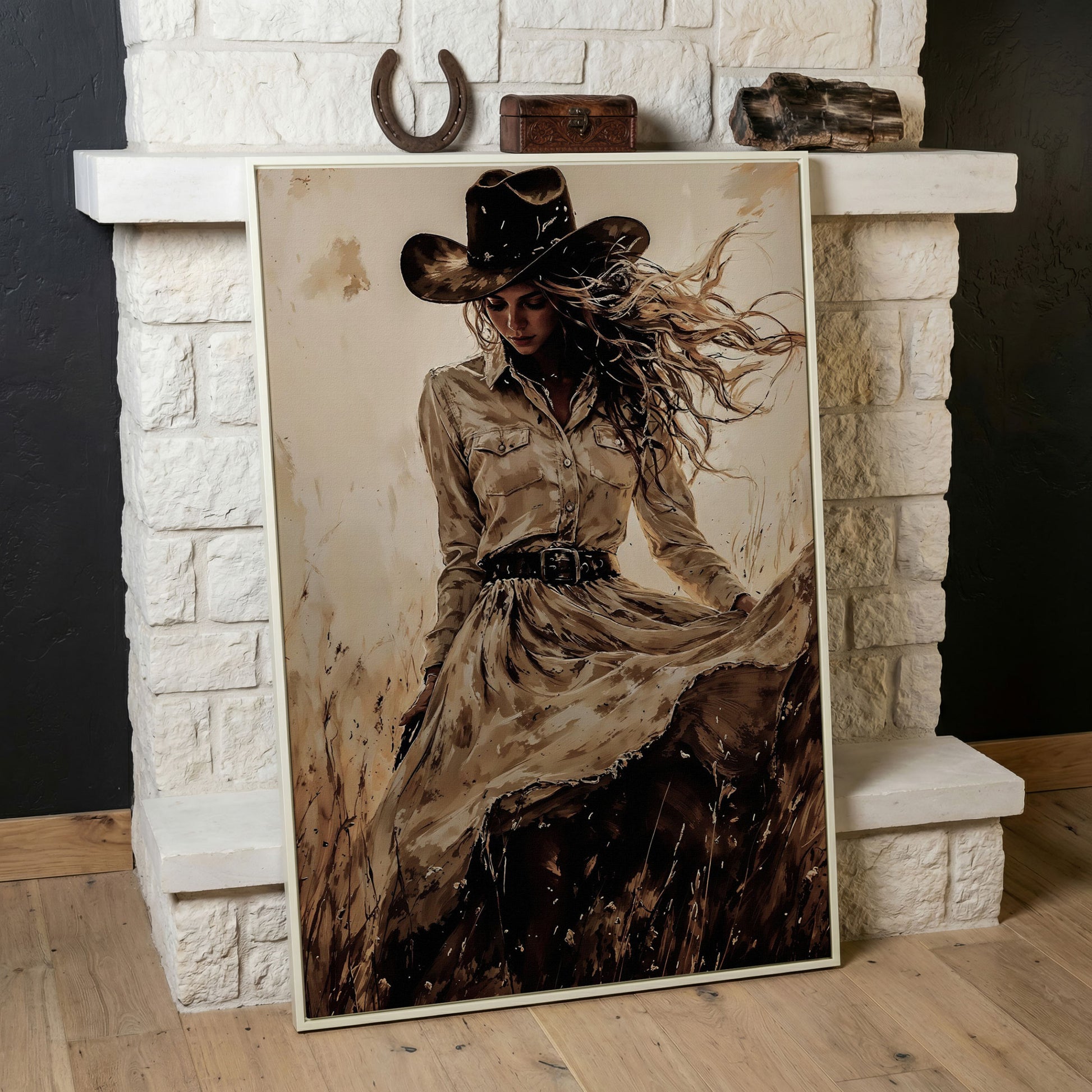 Cowgirl in a Field Canvas Wall Art. Western Portrait in white floating frame