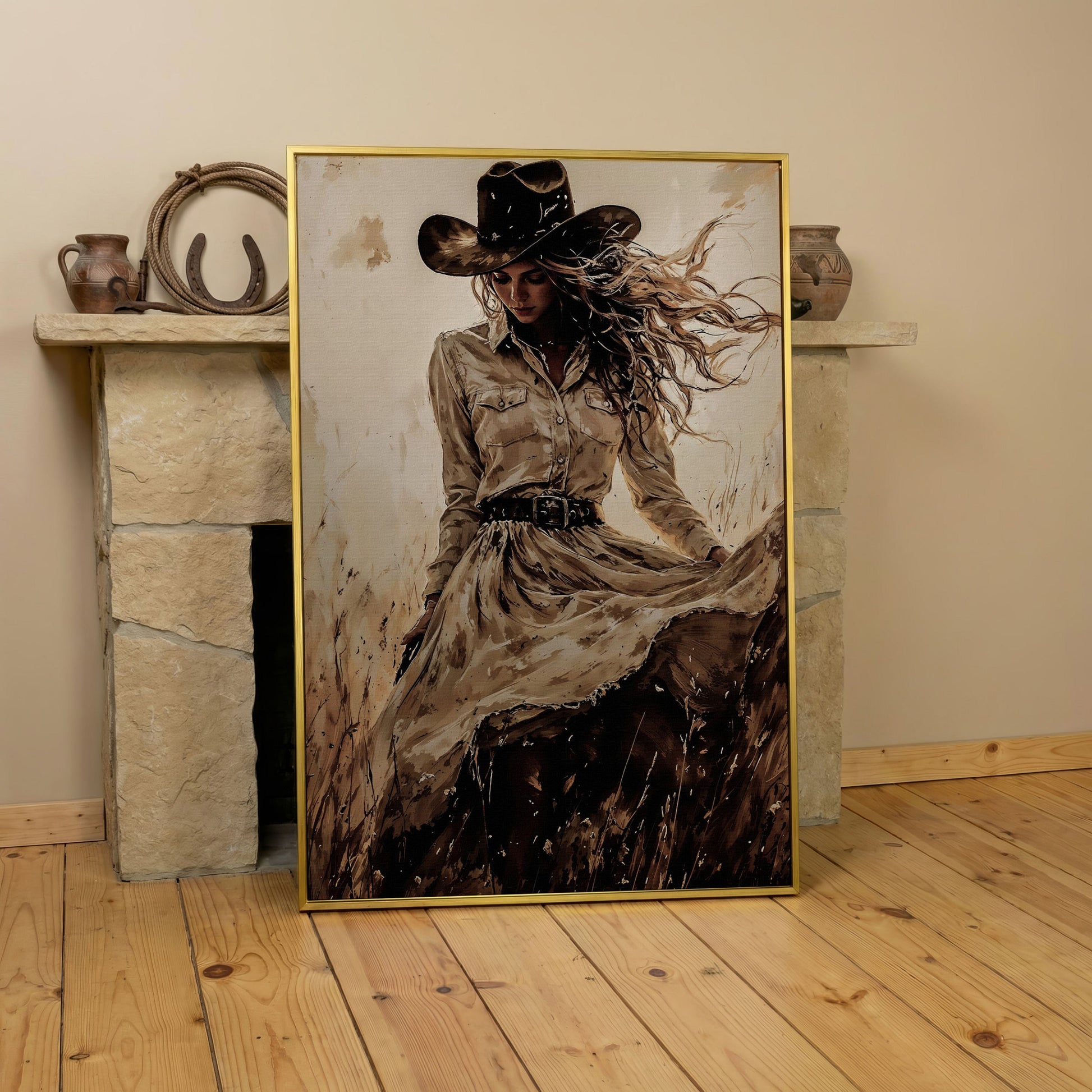 Cowgirl in a Field Canvas Wall Art. Western Portrait in yellow gold floating frame