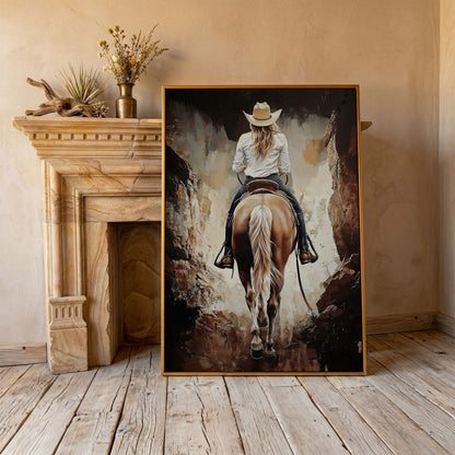 Cowgirl in the Canyon. Western Horse Canvas Wall Art in antique gold floating frame