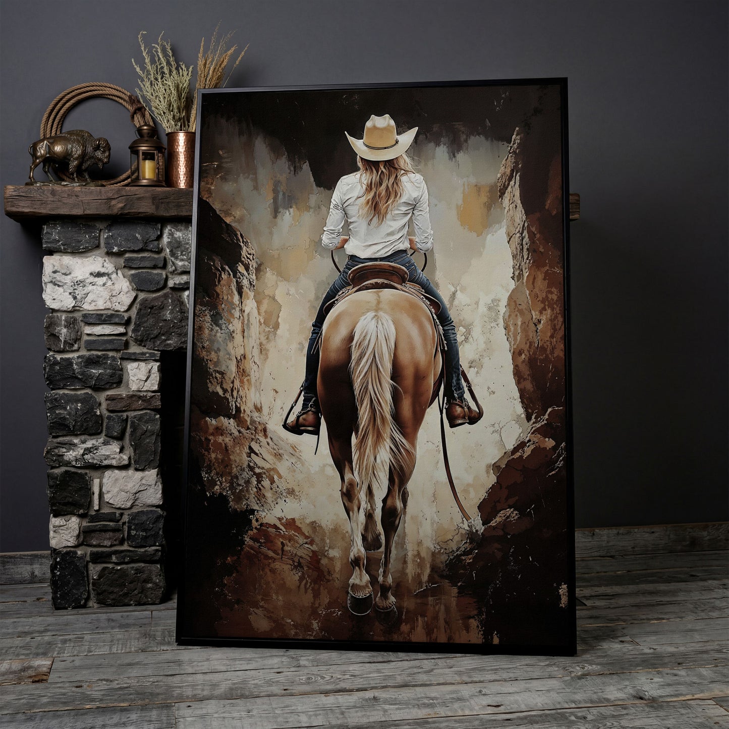 Cowgirl in the Canyon. Western Horse Canvas Wall Art in black floating frame