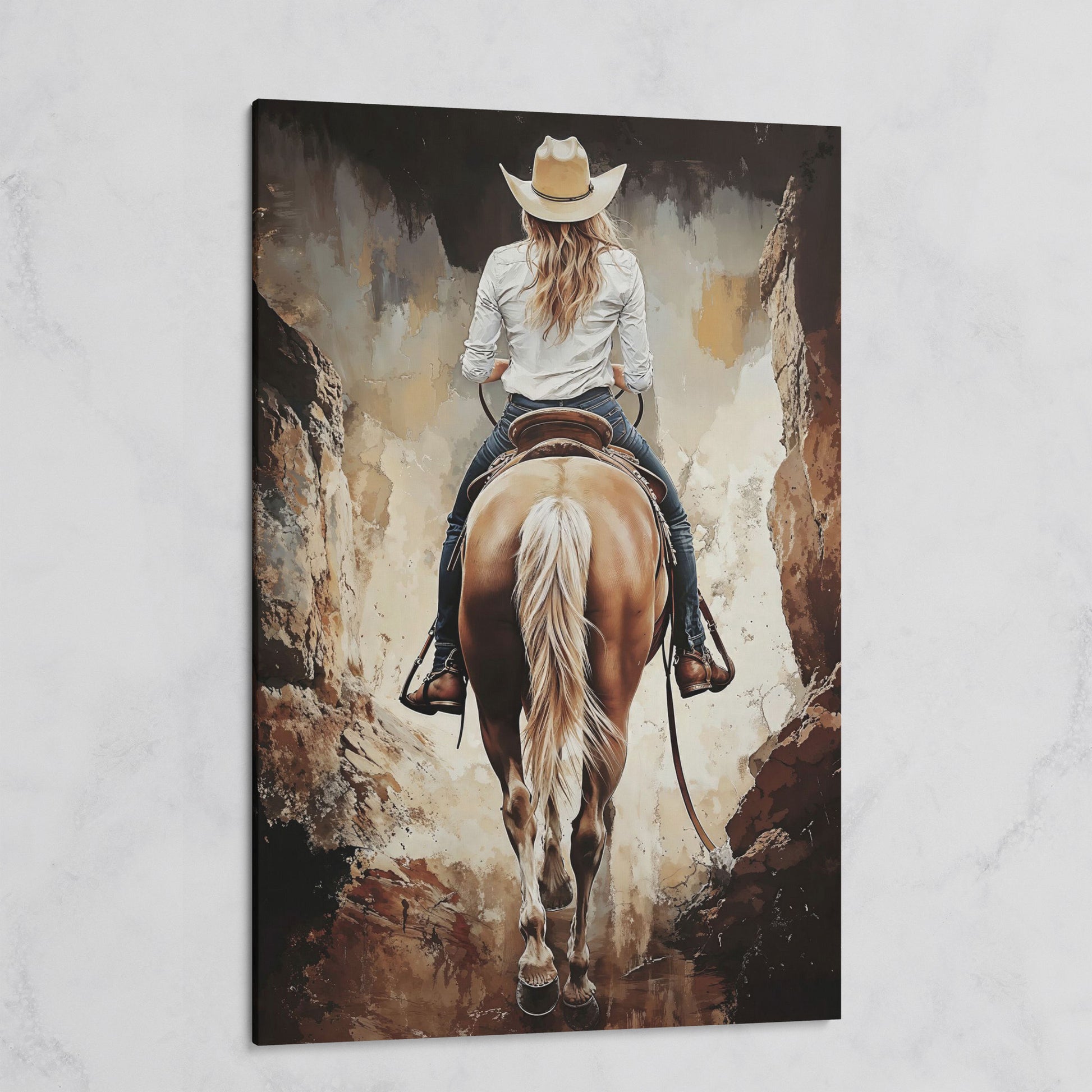Cowgirl in the Canyon. Western Horse Canvas Wall Art on gallery wrap