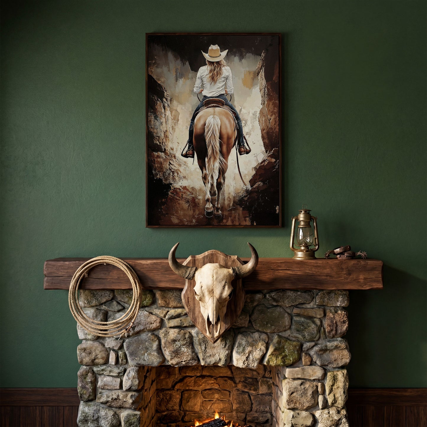 Cowgirl in the Canyon. Western Horse Canvas Wall Art in dark walnut floating frame