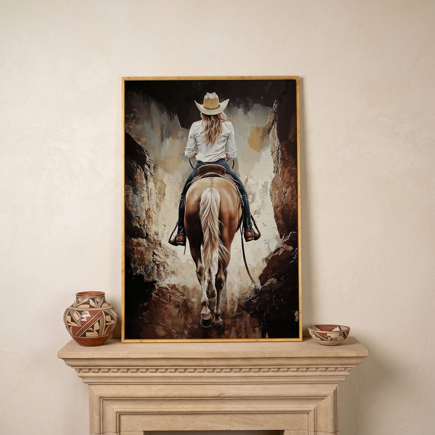 Cowgirl in the Canyon. Western Horse Canvas Wall Art in white oak floating frame