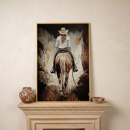 Cowgirl in the Canyon. Western Horse Canvas Wall Art in white oak floating frame