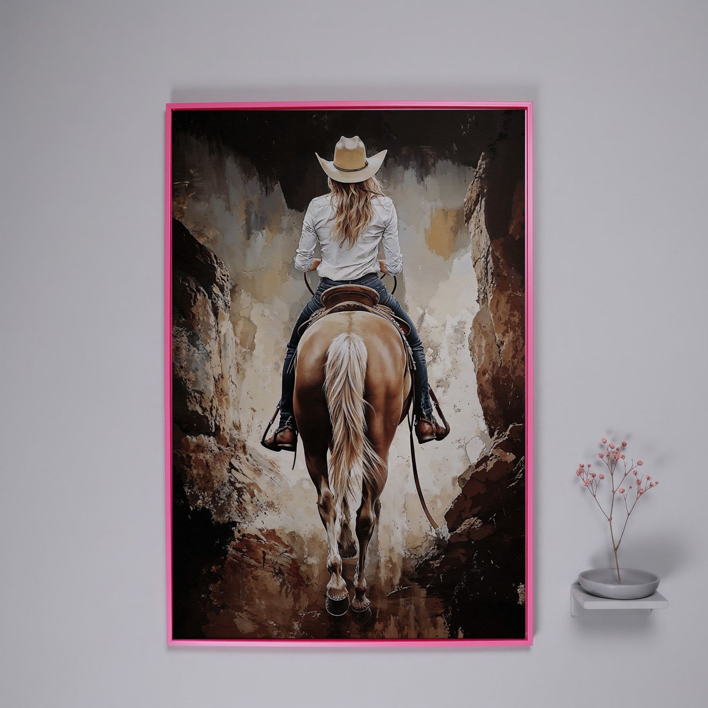 Cowgirl in the Canyon. Western Horse Canvas Wall Art in pink floating frame
