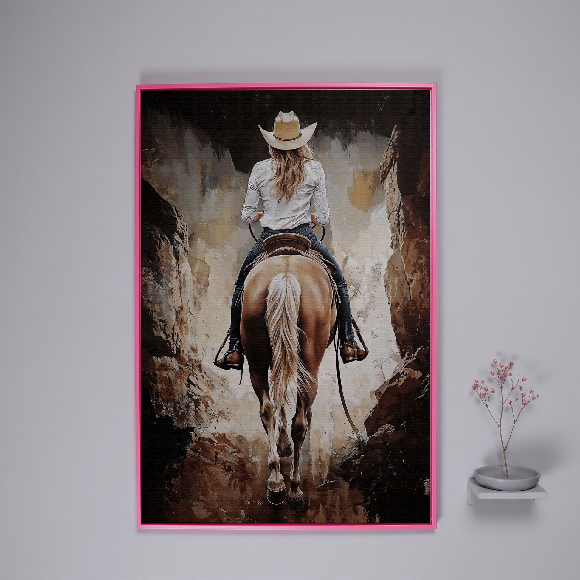 Cowgirl in the Canyon. Western Horse Canvas Wall Art in pink floating frame