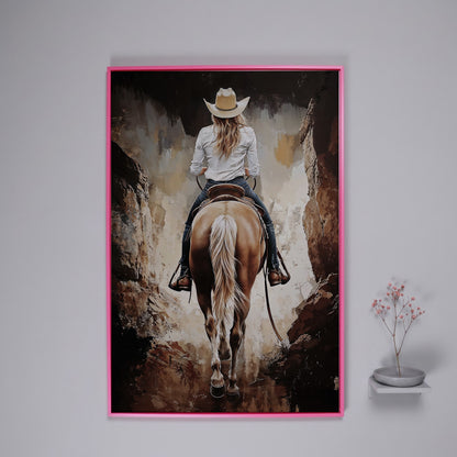Cowgirl in the Canyon. Western Horse Canvas Wall Art in pink floating frame