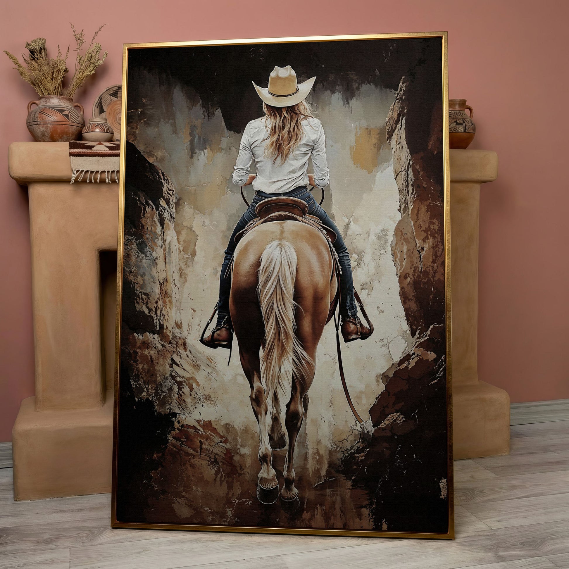 Cowgirl in the Canyon. Western Horse Canvas Wall Art in rose gold floating frame