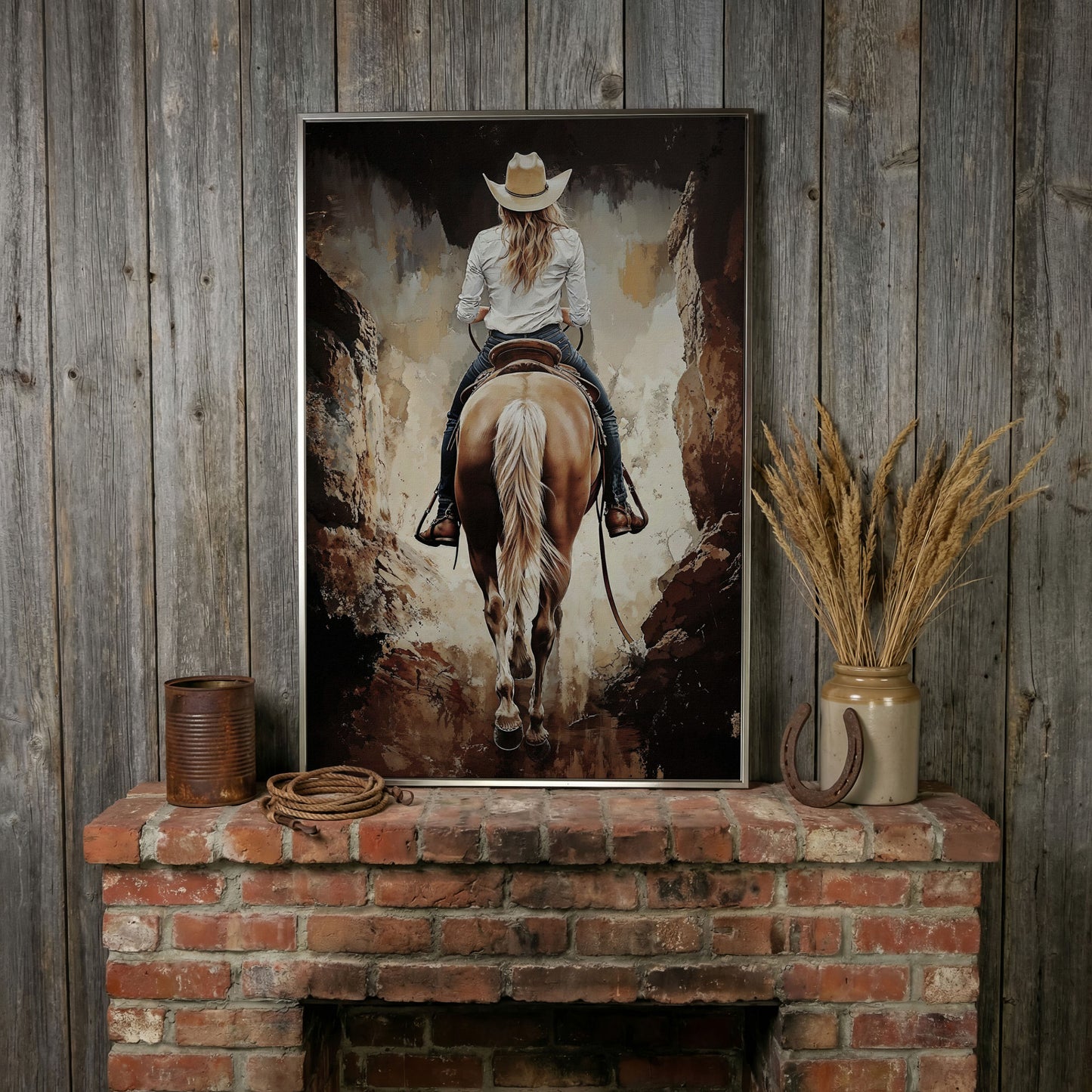 Cowgirl in the Canyon. Western Horse Canvas Wall Art in silver floating frame