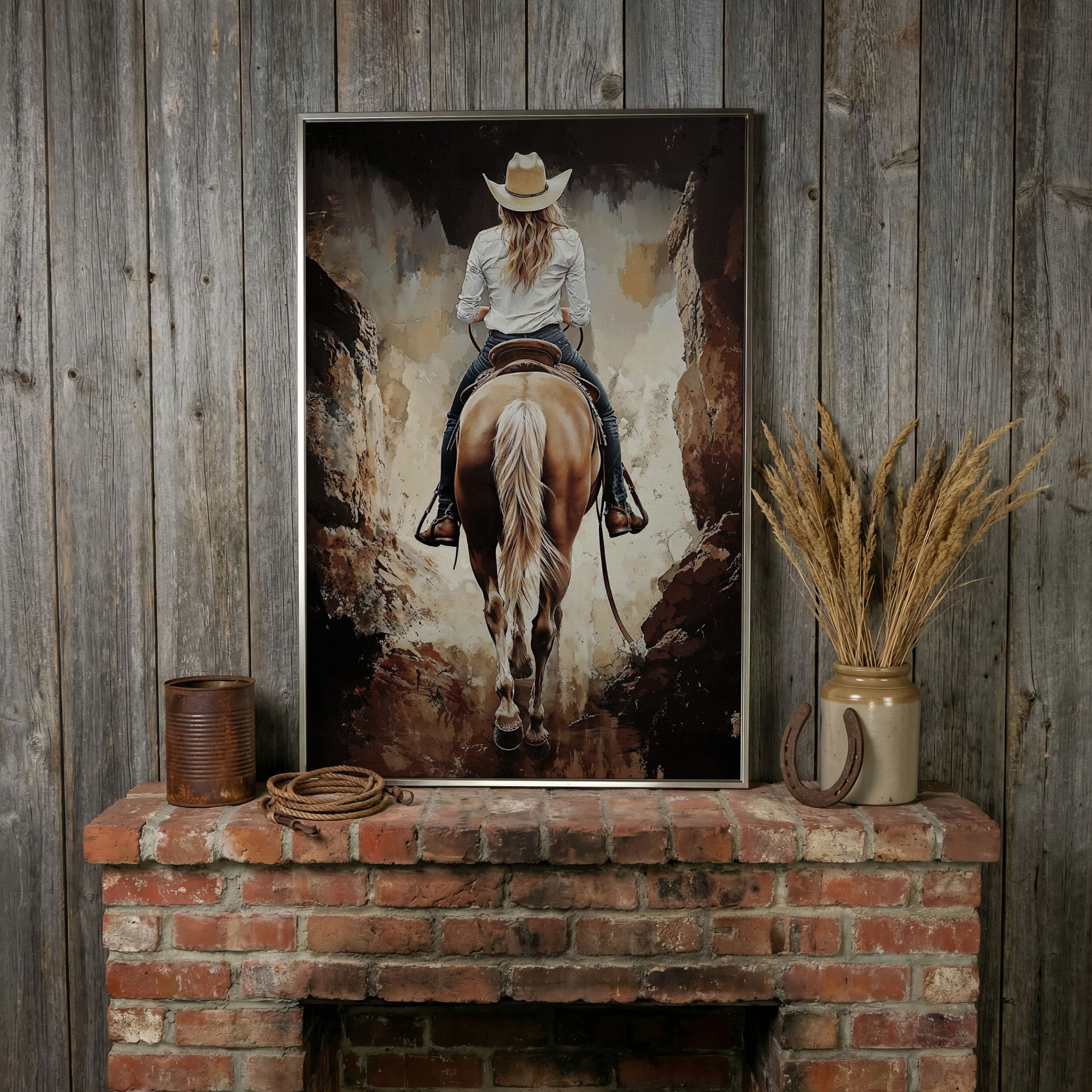 Cowgirl in the Canyon. Western Horse Canvas Wall Art in silver floating frame