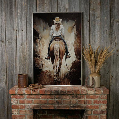 Cowgirl in the Canyon. Western Horse Canvas Wall Art in silver floating frame