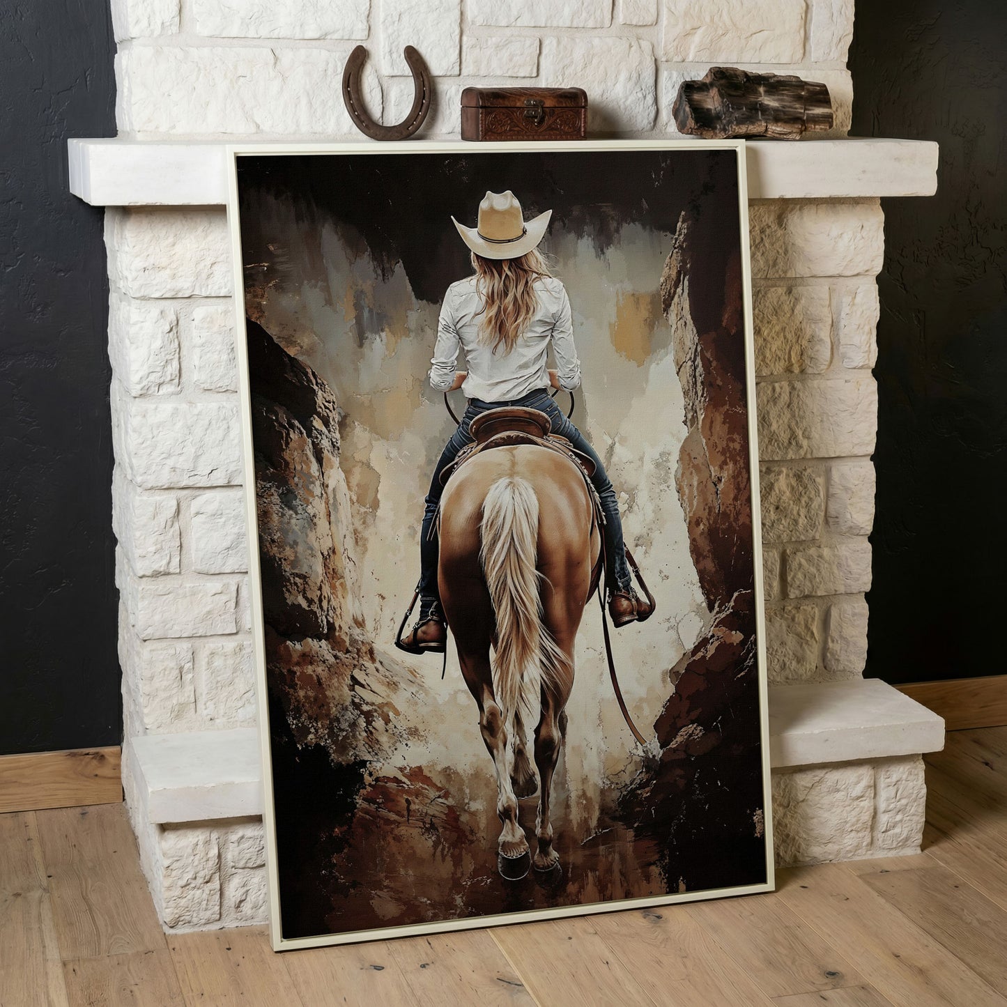 Cowgirl in the Canyon. Western Horse Canvas Wall Art in white floating frame