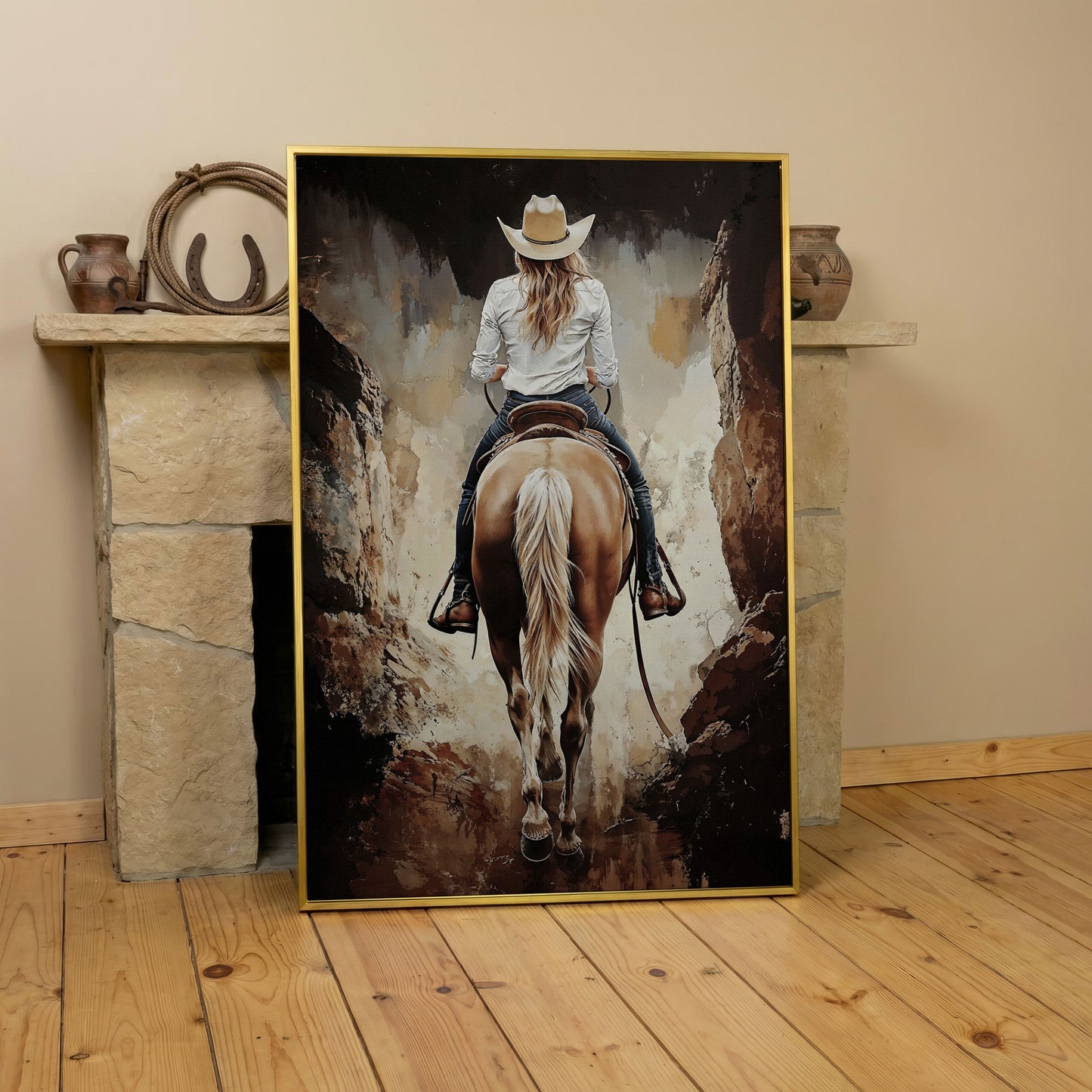Cowgirl in the Canyon. Western Horse Canvas Wall Art in yellow gold floating frame