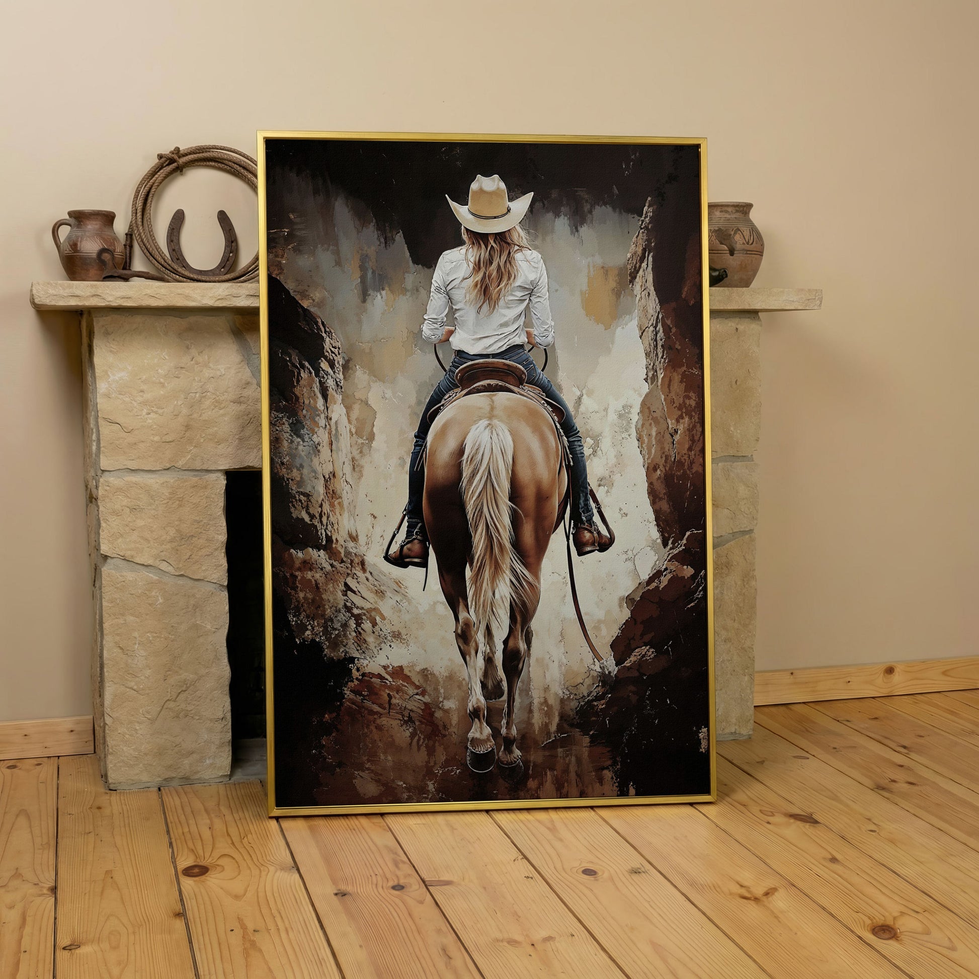 Cowgirl in the Canyon. Western Horse Canvas Wall Art in yellow gold floating frame