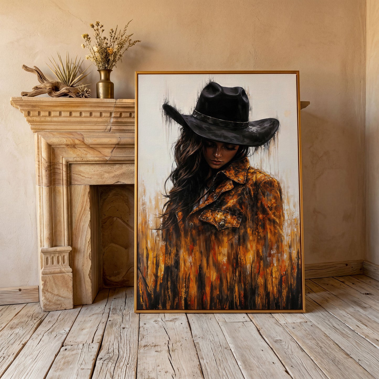 Abstract Cowgirl Portrait Canvas Wall Art with Cowboy Hat in antique gold floating frame