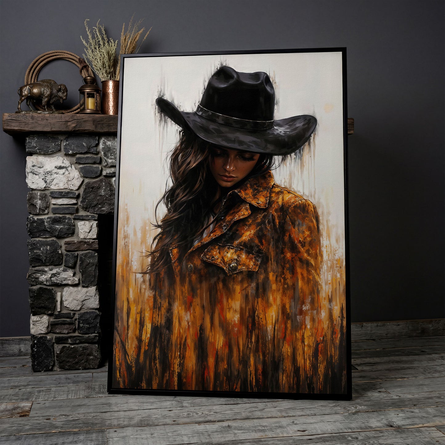 Abstract Cowgirl Portrait Canvas Wall Art with Cowboy Hat in black floating frame